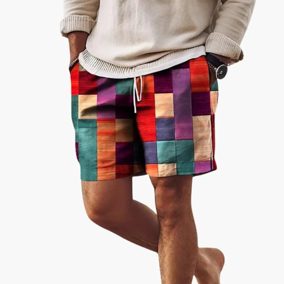 Men’s Swim Shorts with elastic waistband, multicolor patchwork block pattern boardshorts