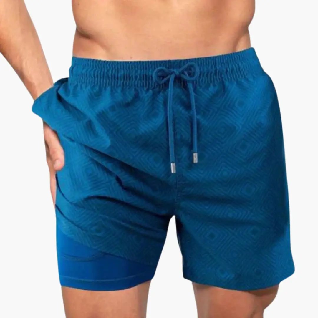 Men's swim trunks blue geometric boardshorts with drawstring waist and pockets