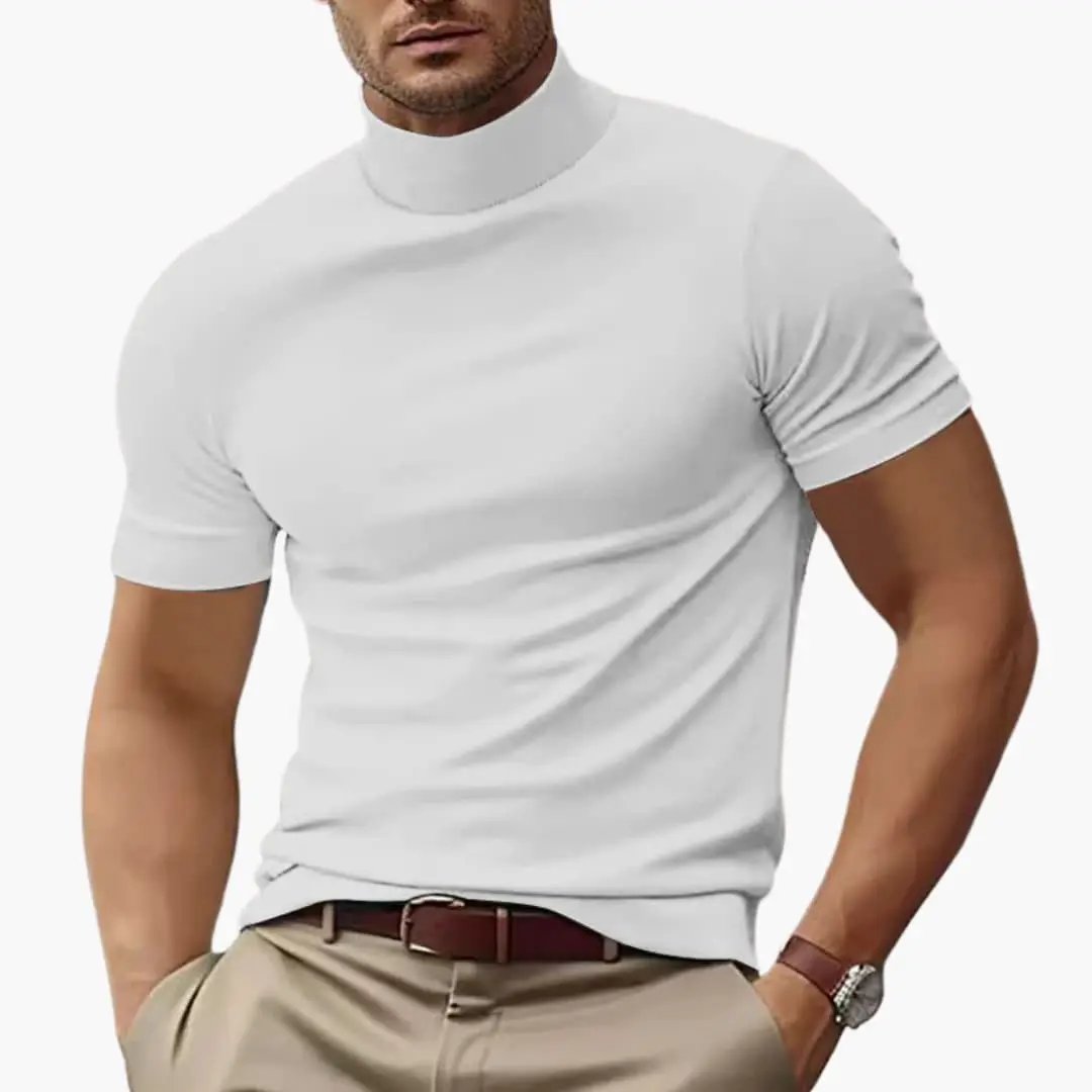 Men's T-shirt with turtleneck, white, short sleeves, fitted silhouette