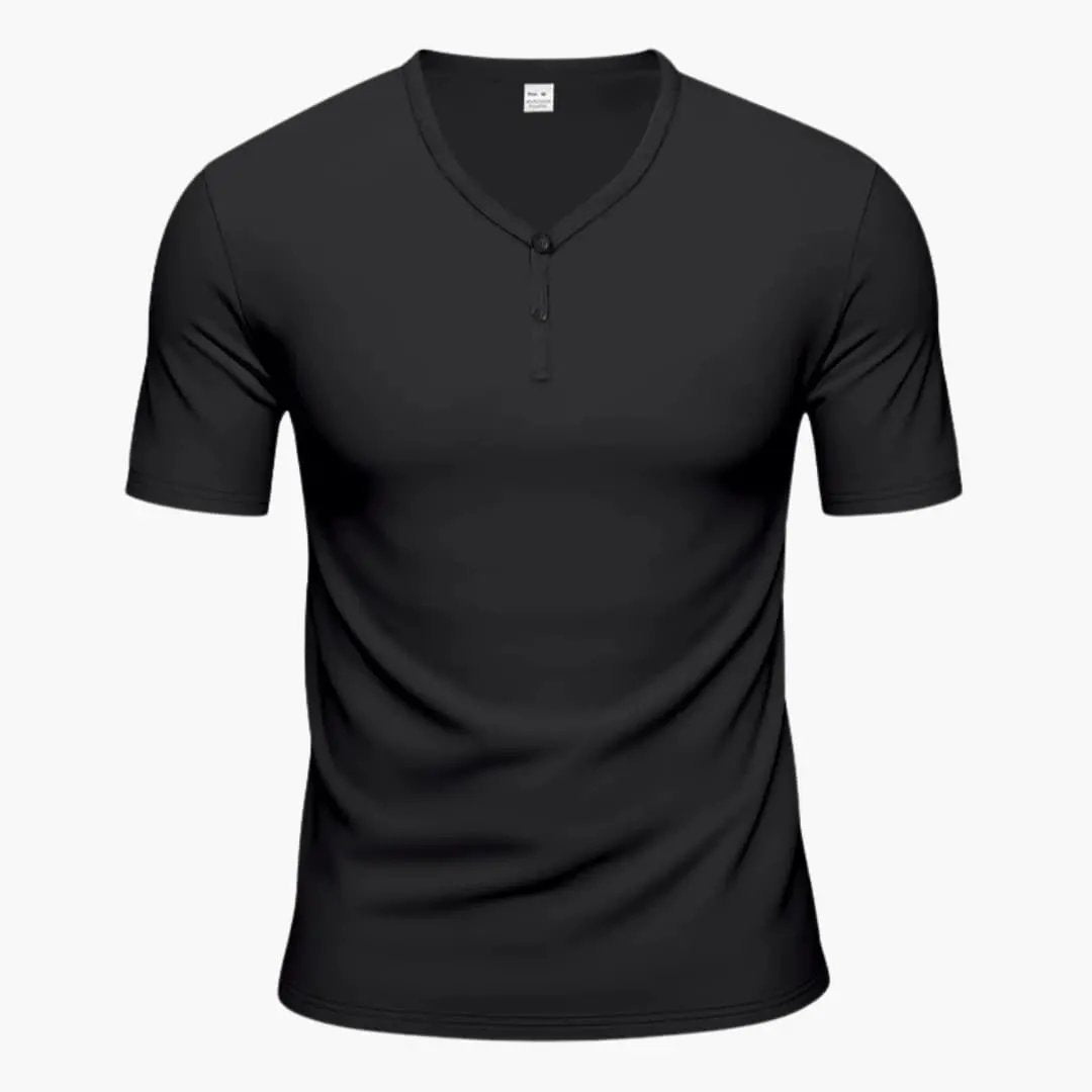 Men's textured Henley short-sleeve T-shirt with button placket, black, Wilfred Smith