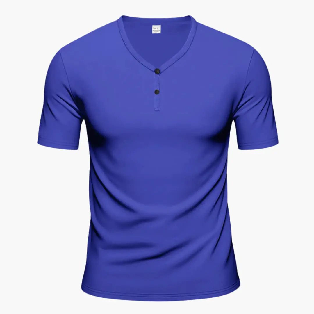 Men's blue textured short-sleeve Henley T-shirt with 2-button placket by Wilfred Smith
