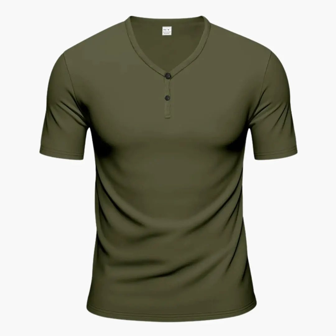 Men’s textured Henley T-shirt with short sleeves and button placket in olive green, Wilfred Smith