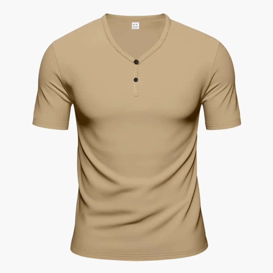 Men's textured Henley short-sleeve T-shirt in tan with two-button placket by Wilfred Smith