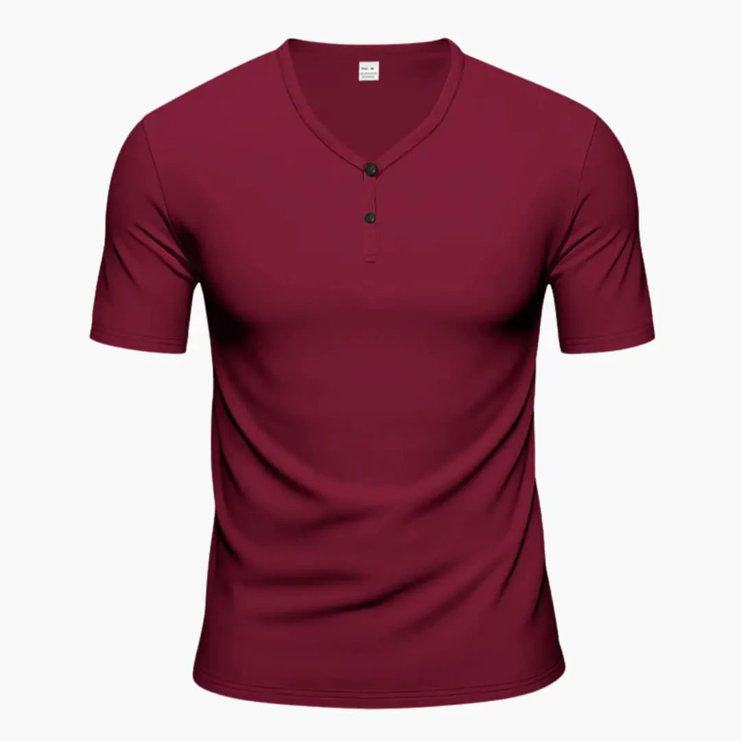 Men's textured Henley short-sleeve T-shirt with button placket in maroon by Wilfred Smith