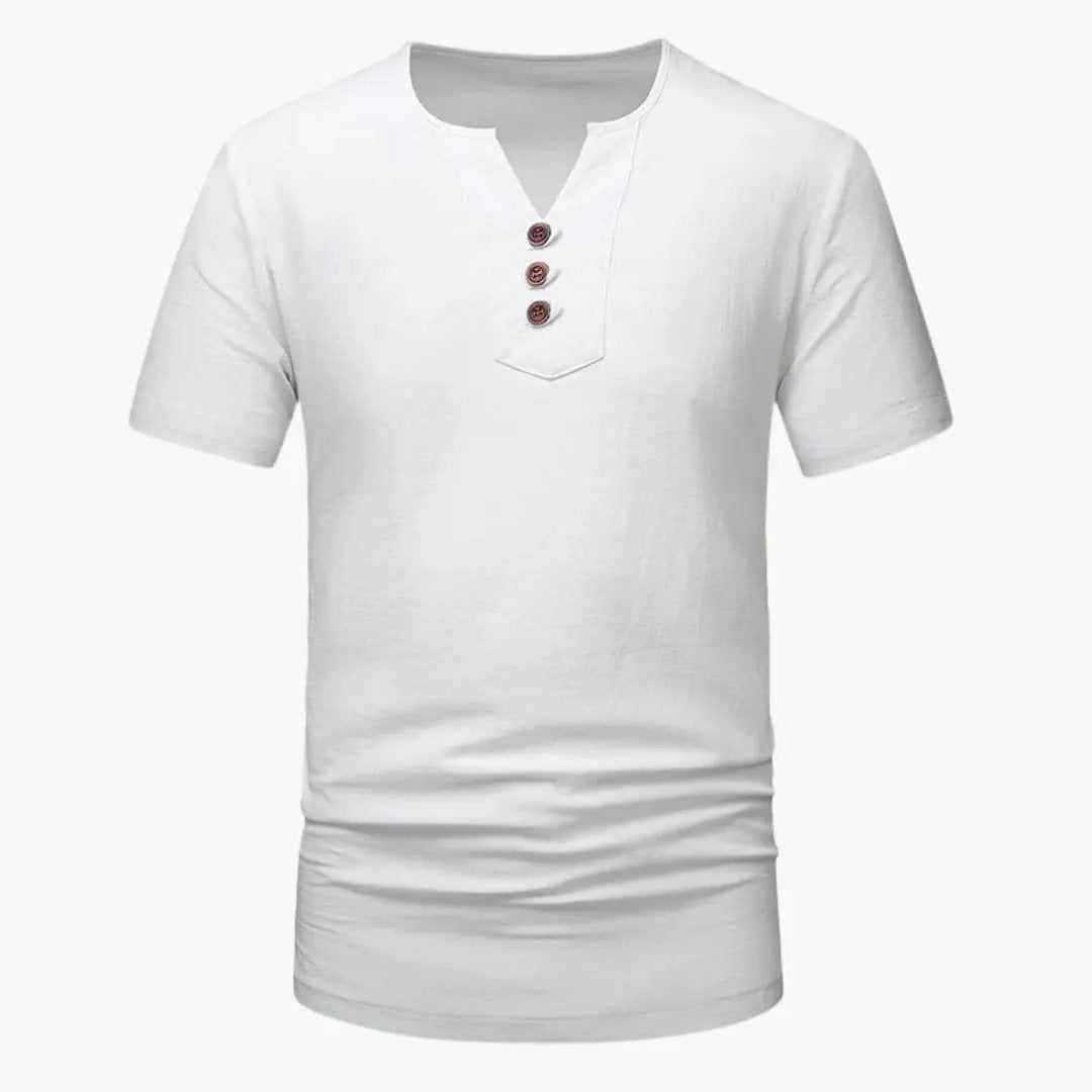 Men’s three-button Henley short-sleeve T-shirt in white by Wilfred Smith