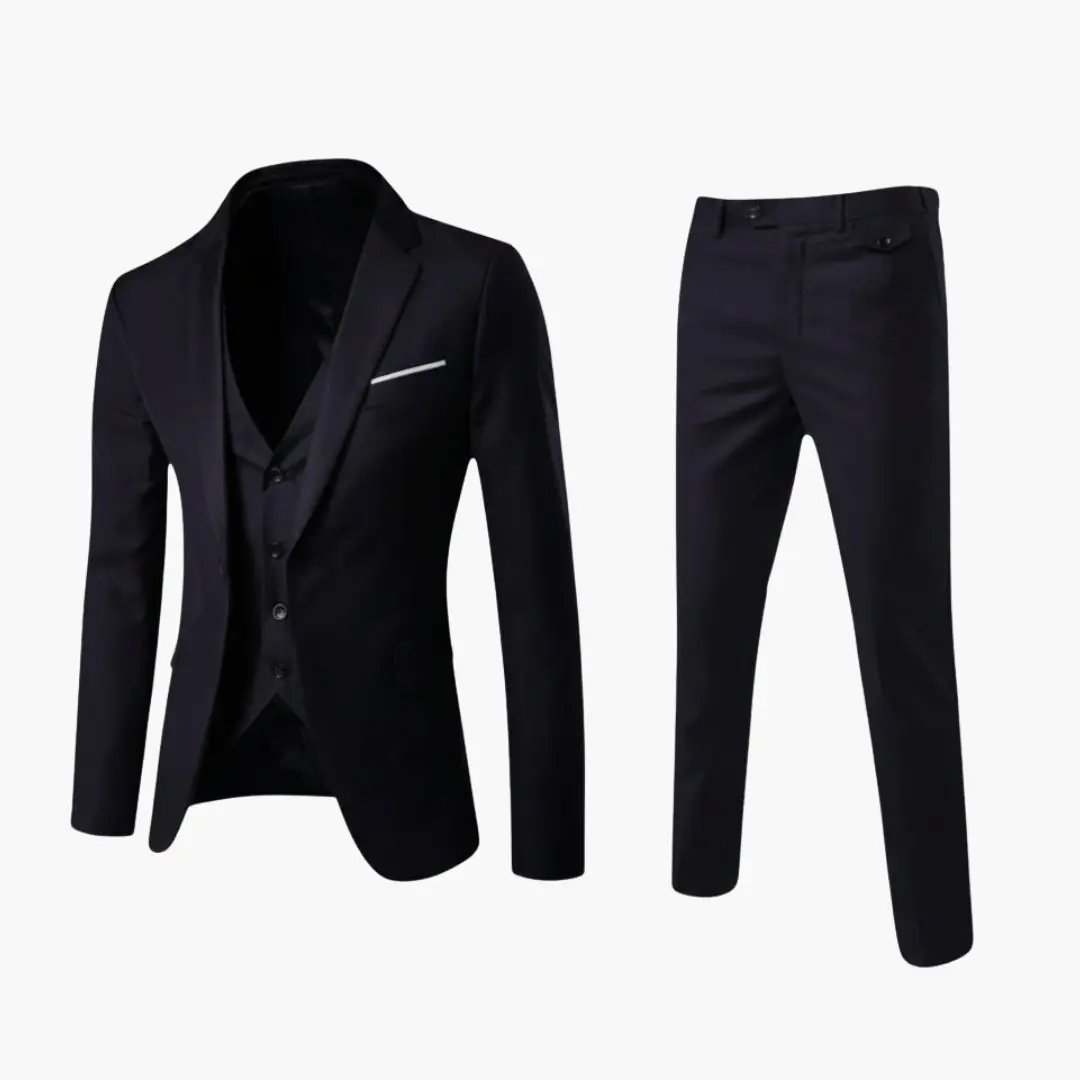 Men’s navy summer three-piece suit with jacket, vest, and trousers
