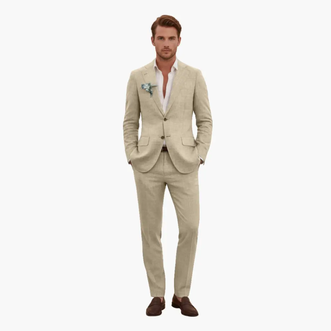 Men's beige two-piece wedding suit with notched lapel, boutonniere, and button closure