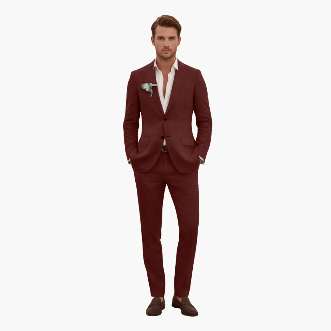 Men's wedding two-piece suit by Wilfred Smith in burgundy with notched lapel and button closure.
