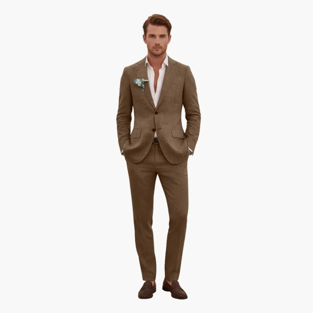 Men's two-piece wedding suit by Wilfred Smith in brown with notched lapel and button closure