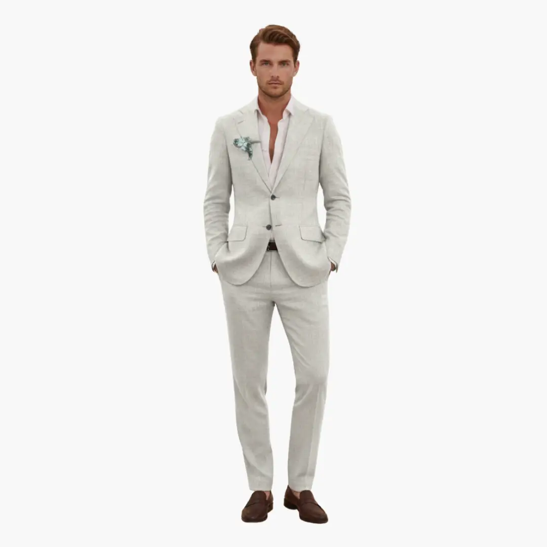 Men's two-piece wedding suit in light beige linen with notched lapel and button closure, Wilfred Smith