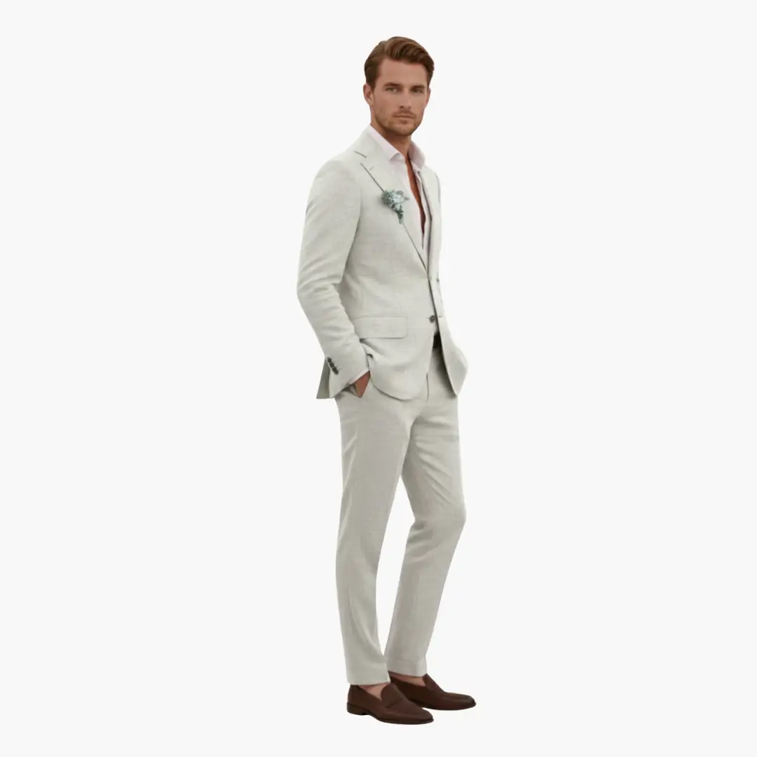 Men's two-piece wedding suit in light beige with notched lapel and button closure
