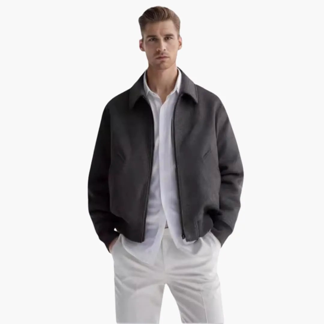 Men’s Zip-Up Bomber Jacket by Wilfred Smith, charcoal with side pockets