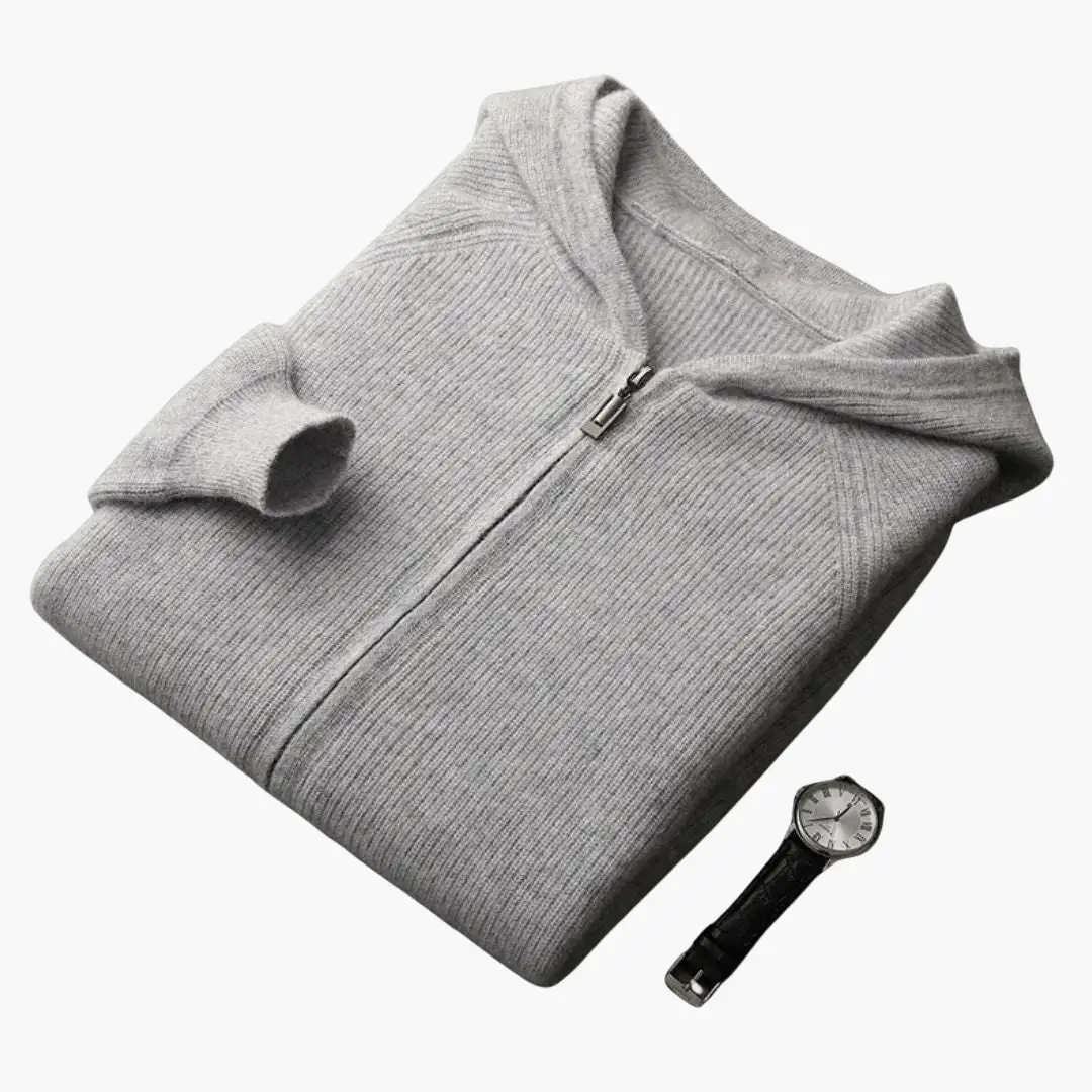 Men’s zip hooded cardigan in grey knit fabric with long sleeves and ribbed hem