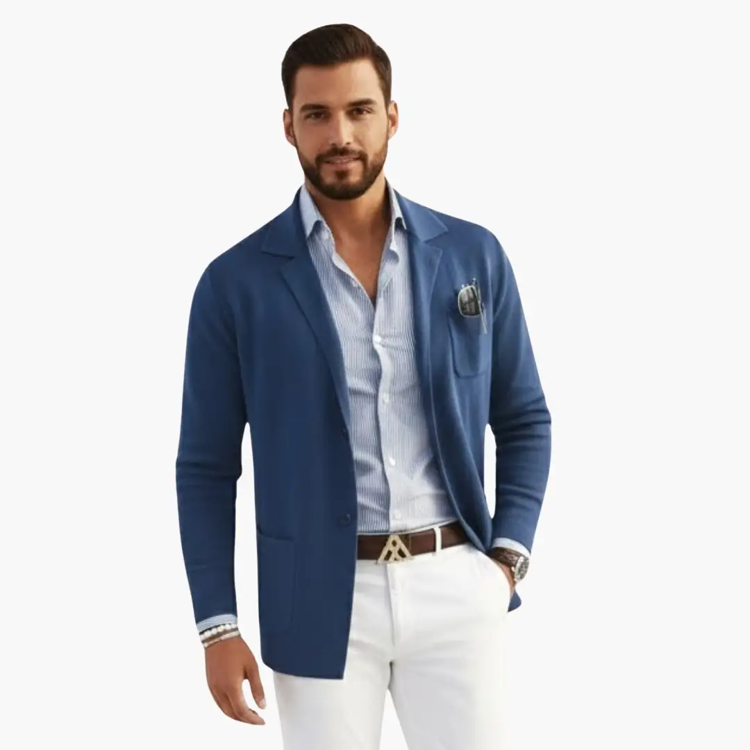 Men’s knit blazer by Wilfred Smith in blue with lapel collar and front closure.