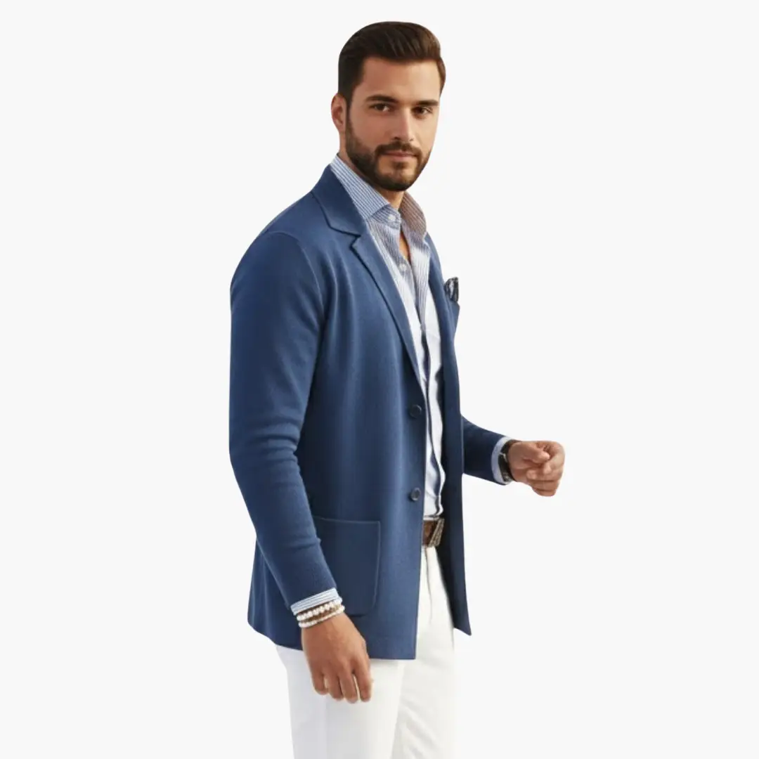 Men’s Knit Blazer in blue with lapel collar and front closure