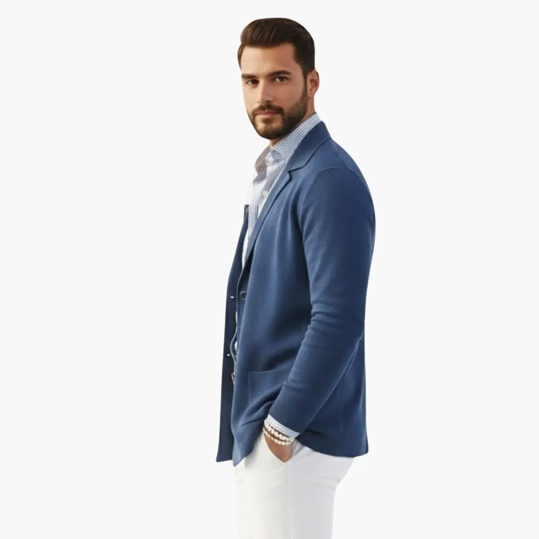 Men's knit blazer in blue with lapel collar and front button closure