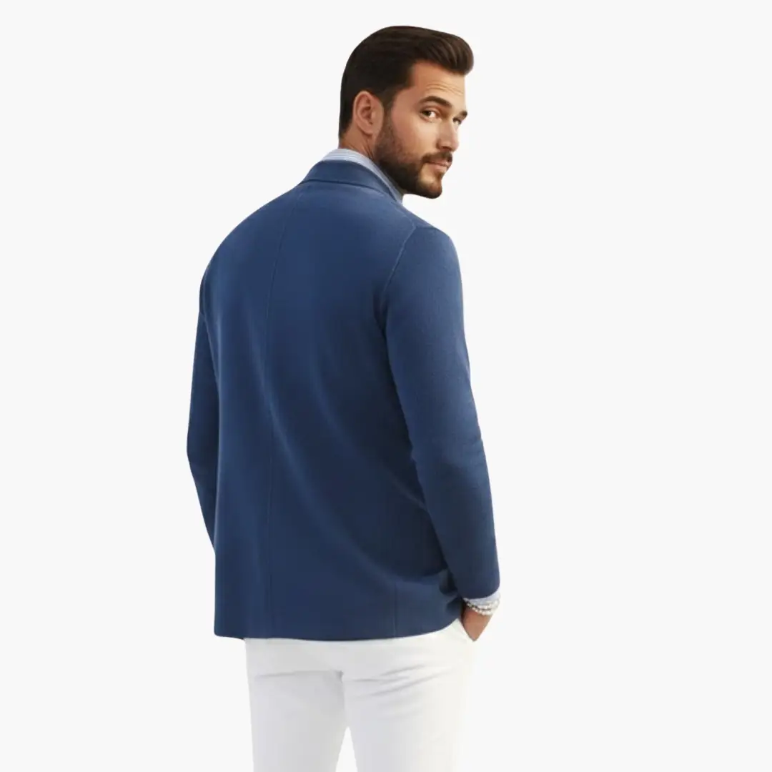 Men’s knit blazer with lapel collar in blue by Wilfred Smith, Coats & Jackets