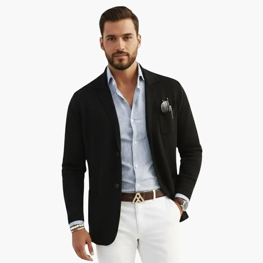 Mens Knit Blazer by Wilfred Smith in black with lapel collar and front closure