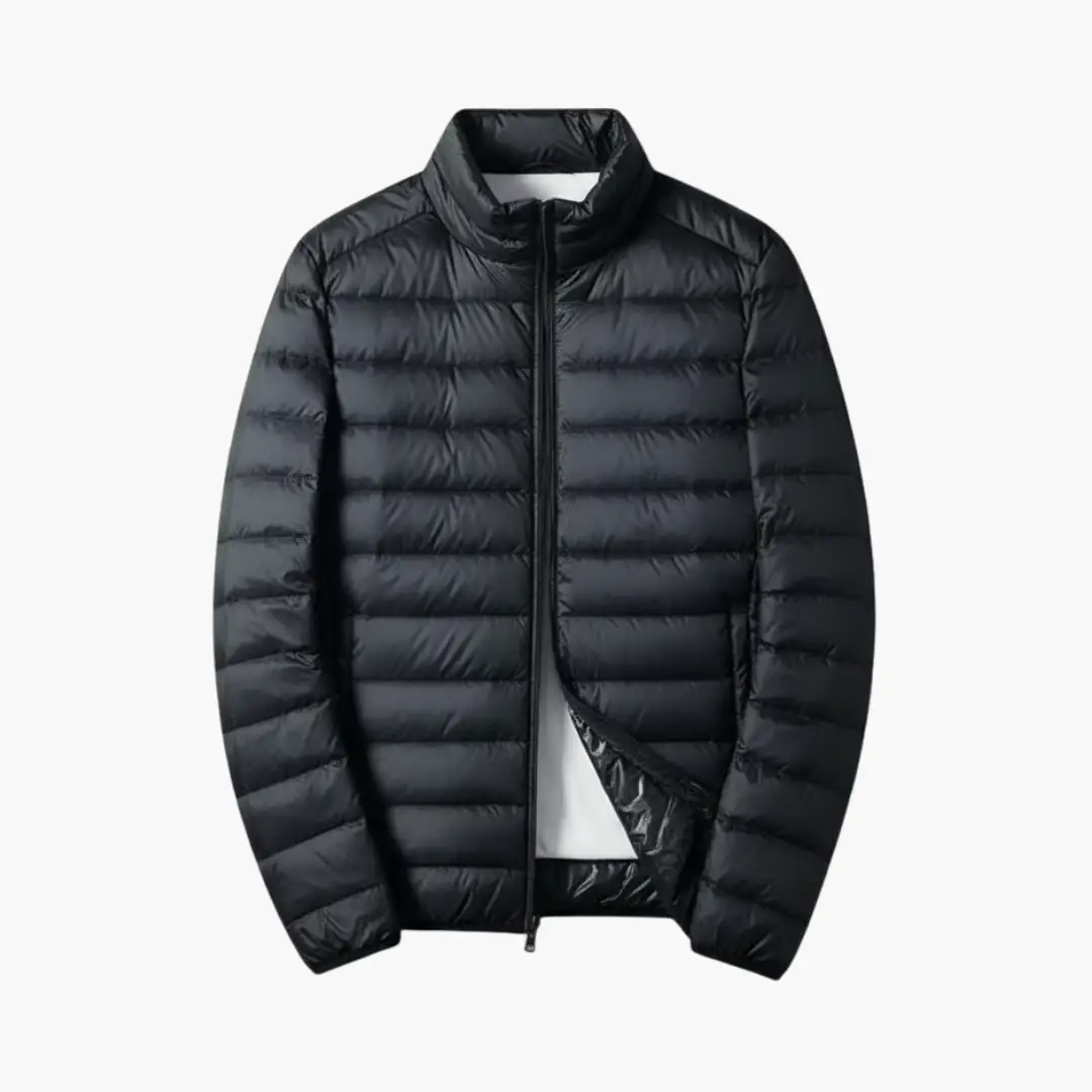 Men’s Quilted Puffer Jacket with zip front and stand collar in black