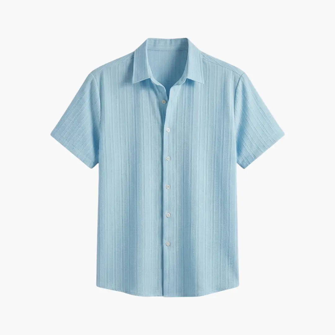 Men's short sleeve striped shirt by Wilfred Smith in light blue, button-up for summer
