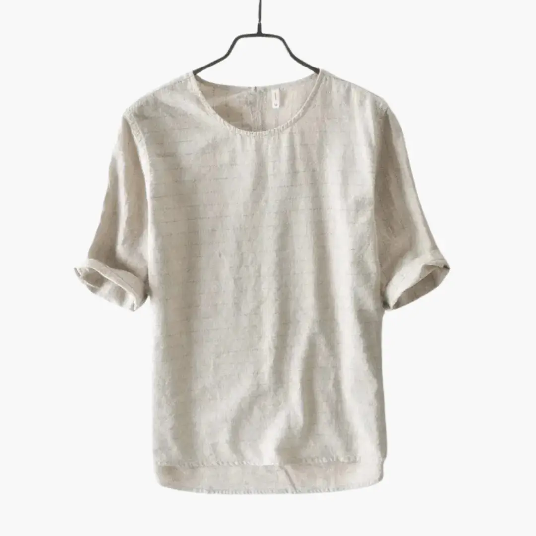 The Geneva Short Sleeve T-Shirt, cream men’s tee with rolled sleeves on a hanger