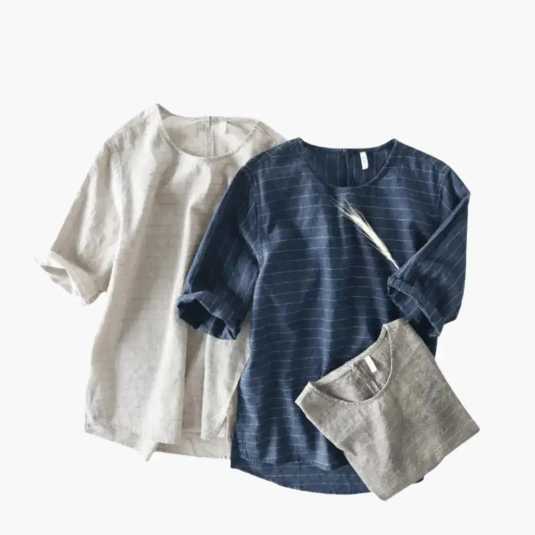 The Geneva Short Sleeve T-Shirt by Wilfred Smith; navy striped tee with two neutral tops in beige and gray