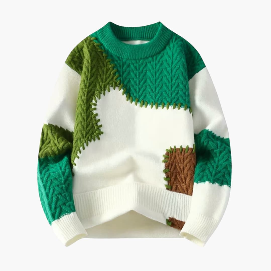 Unisex Patchwork Knit Sweater with Ribbed Hem and Crew Neck