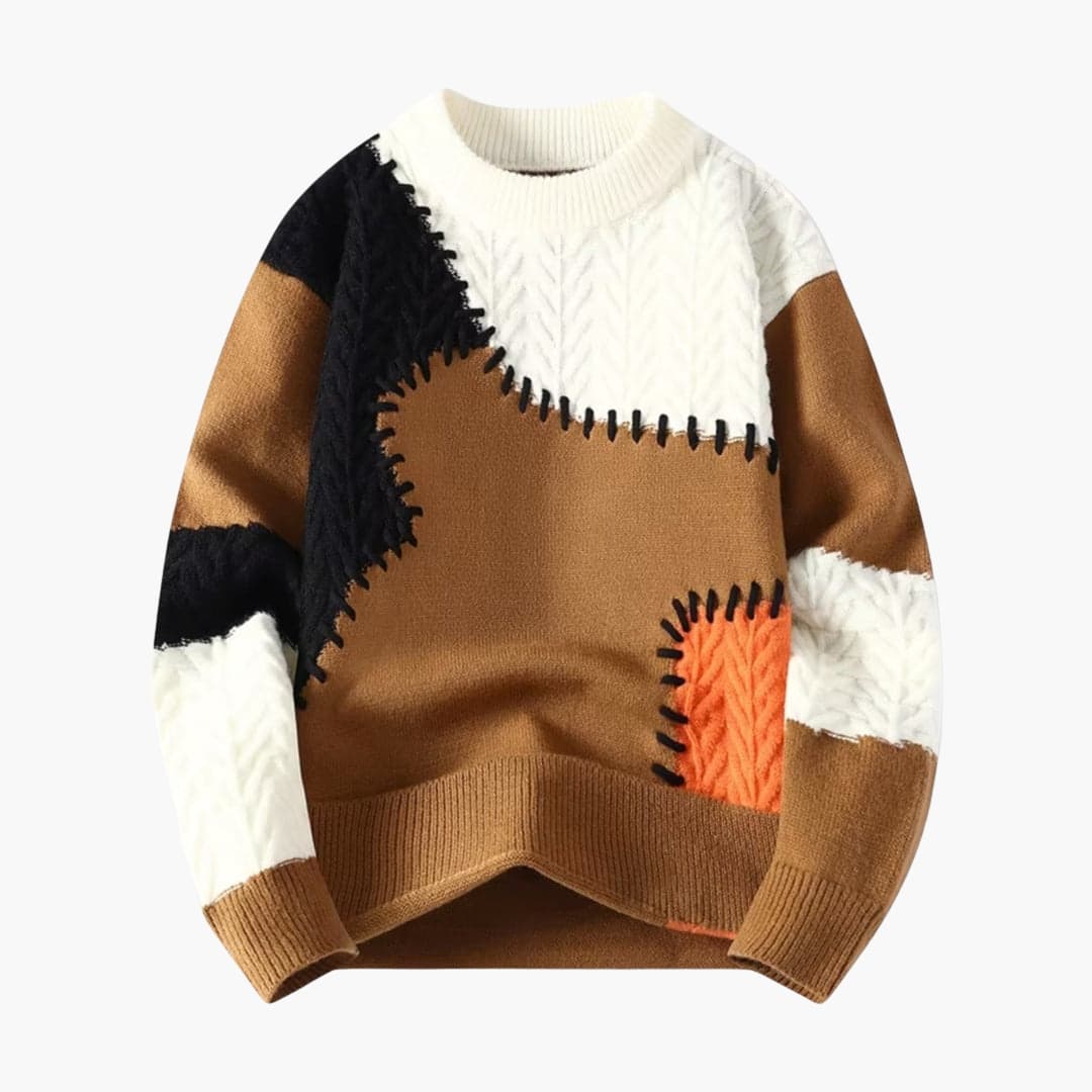 Unisex Patchwork Knit Sweater with Ribbed Hem and Crew Neck
