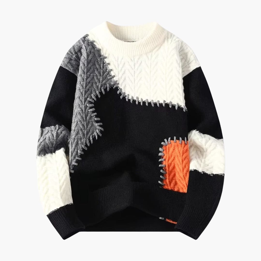 Unisex Patchwork Knit Sweater with Ribbed Hem and Crew Neck