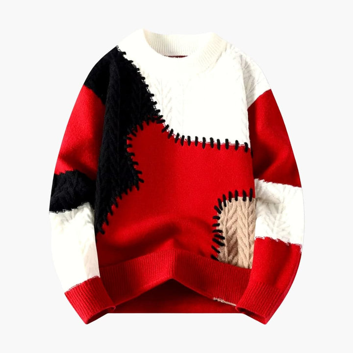 Unisex Patchwork Knit Sweater with Ribbed Hem and Crew Neck