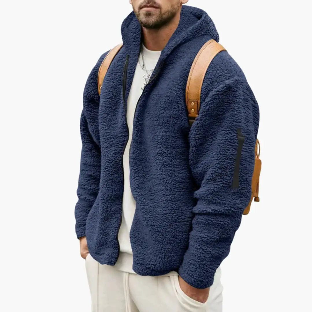 Warm Hoodie Jacket for Men navy sherpa fleece with hood by Wilfred Smith