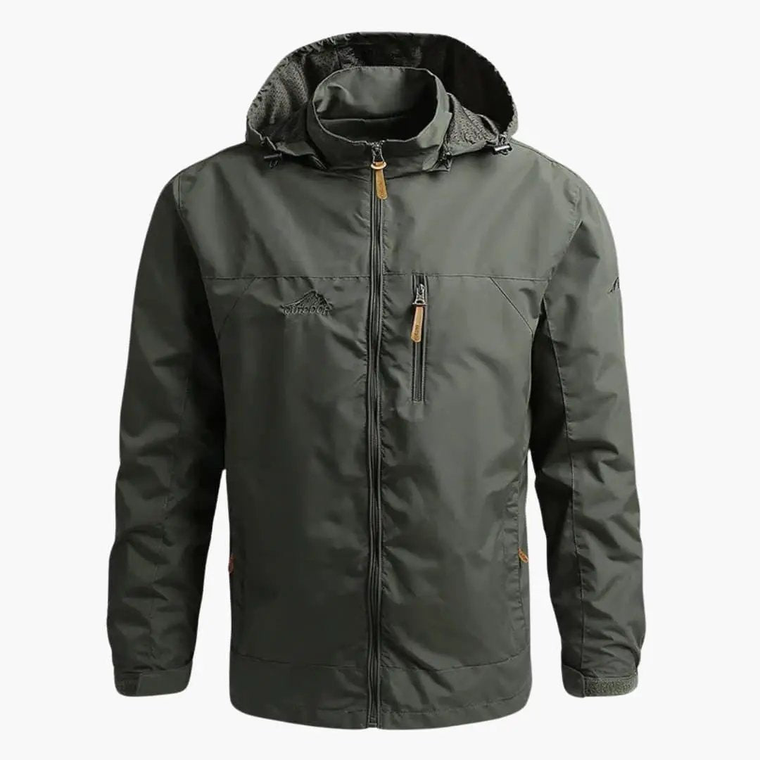 Men's hooded jacket by Wilfred Smith in olive green with front zipper and zip pockets.