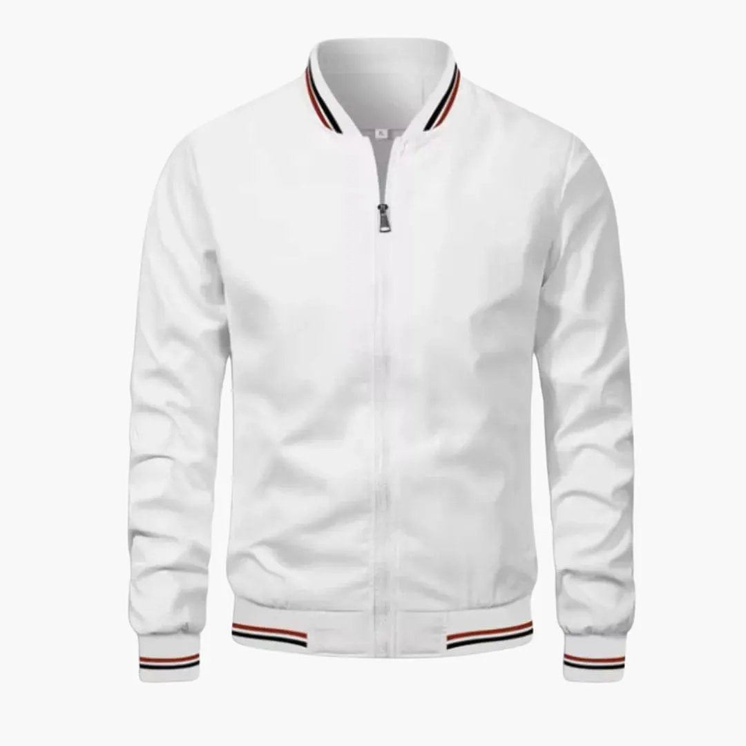 Structured jacket for men by Wilfred Smith, white zip-front with striped ribbed collar and cuffs