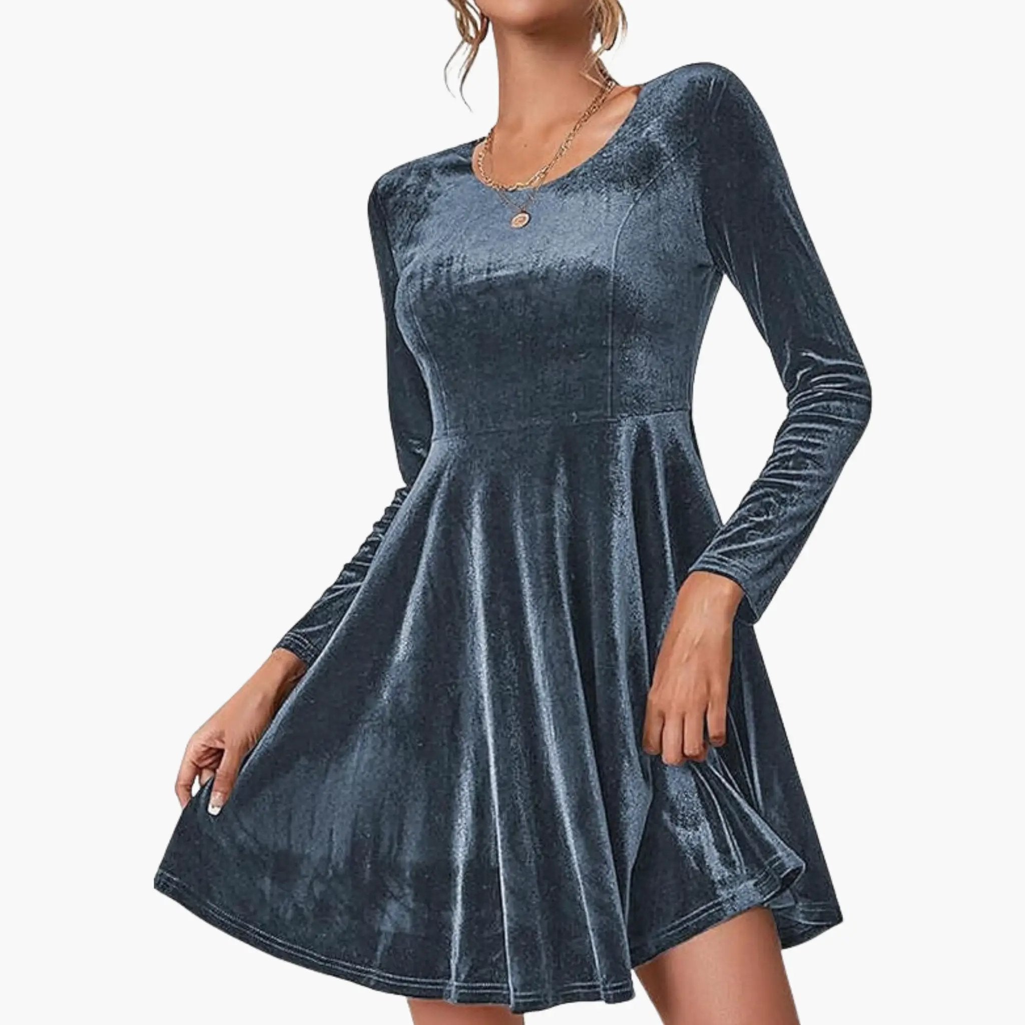 Women’s A-line dress in blue velvet with long sleeves and round neckline