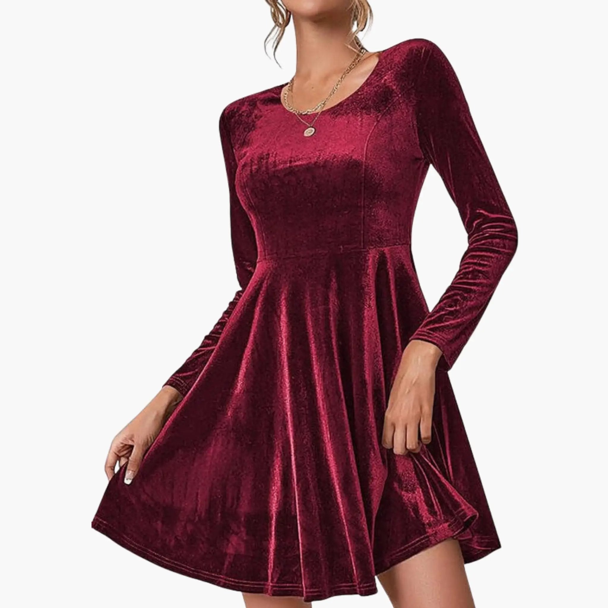 Women’s A-Line Dress with long sleeves in burgundy velvet, round neckline