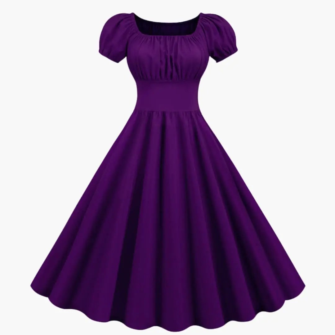 Women’s A-Line Dress by Wilfred Smith, purple knee-length with puff sleeves and waist seam
