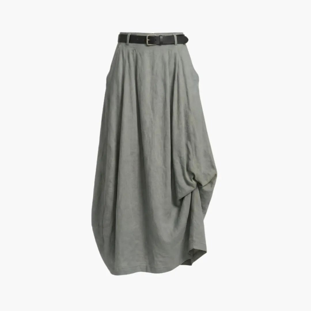 Women's A-line skirt in sage gray with black belt and elastic waistband