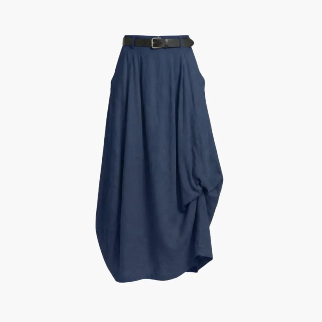 Women's navy blue A-line skirt with a belted waist and draped panels