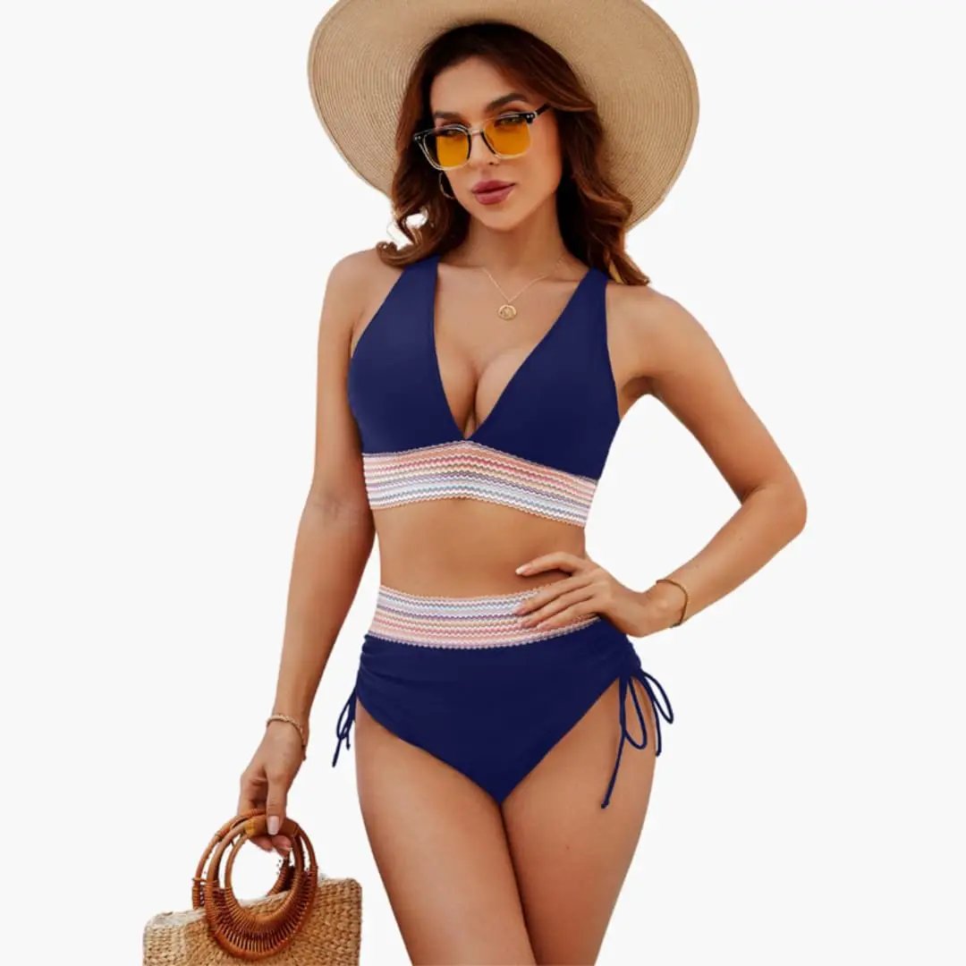 Women’s Adjustable Two-Piece Bikini Set by Wilfred Smith, navy with multicolor striped waistband and tie-side bottoms