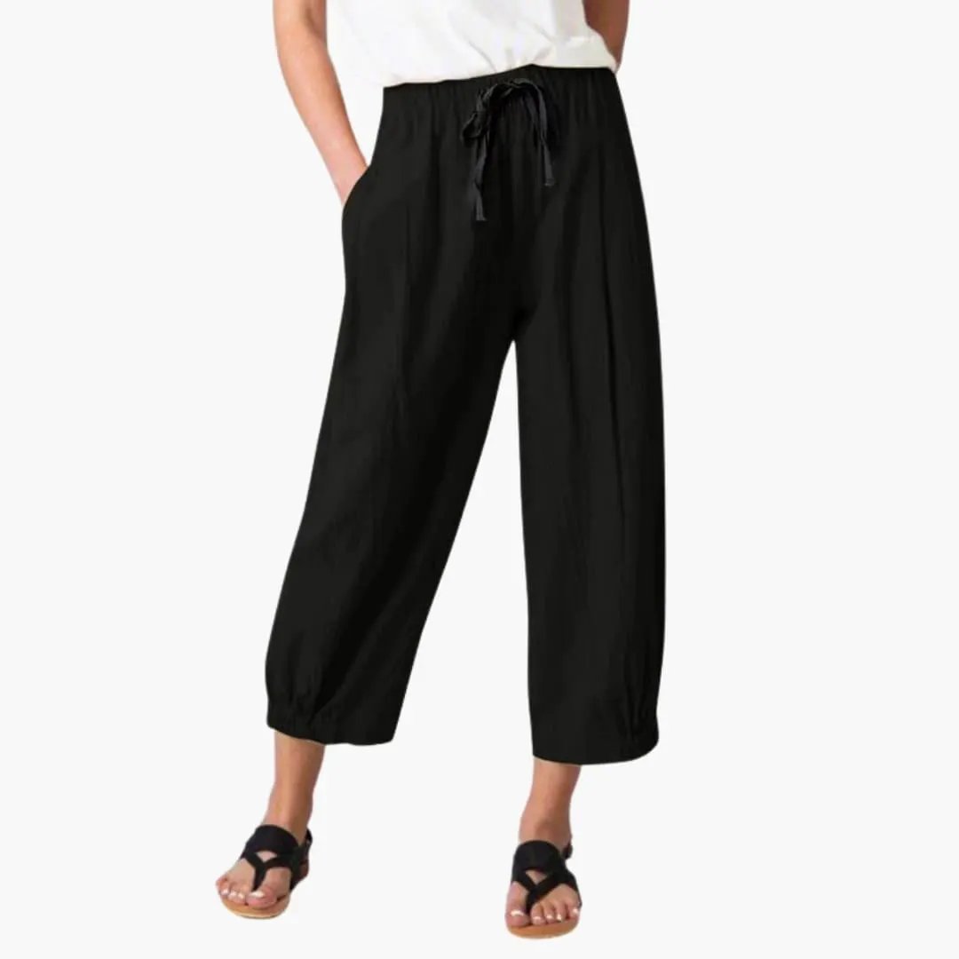 Women's Ankle Length Pants with Elastic Waist and Drawstring, black with pockets