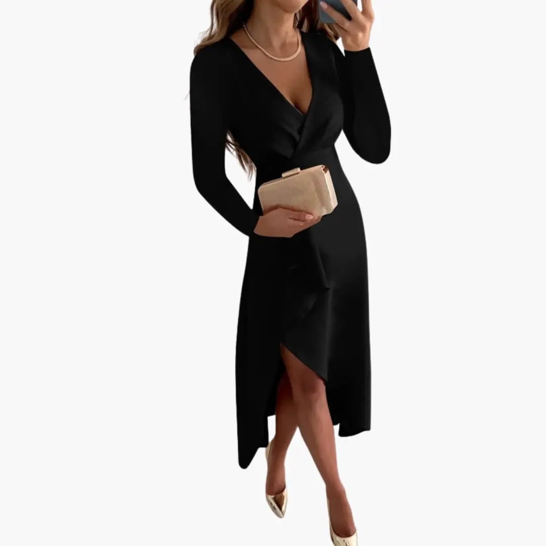 Women’s Asymmetrical V-Neck Knit Dress, black, long-sleeve