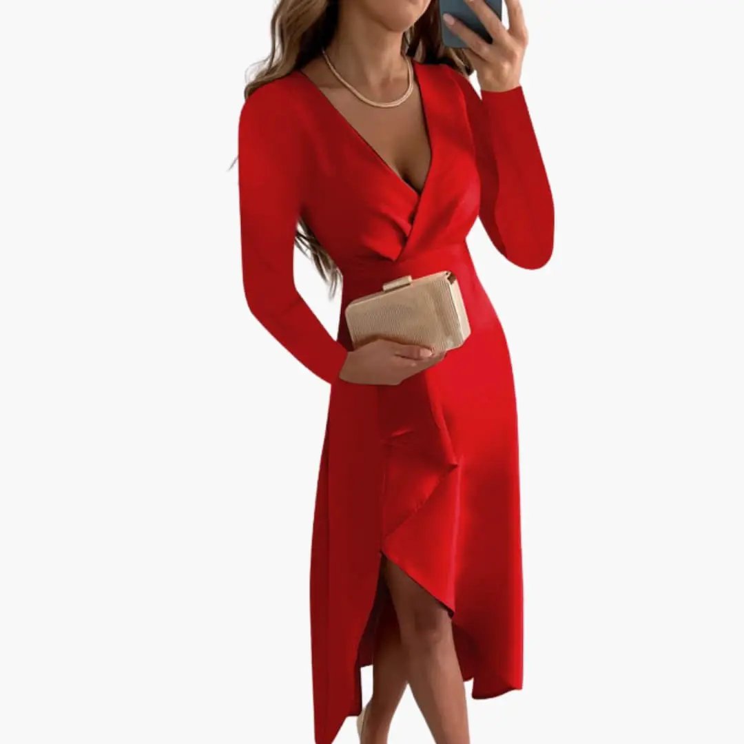 Women's asymmetrical V-neck knit dress by Wilfred Smith in red, wrap-front with midi hem