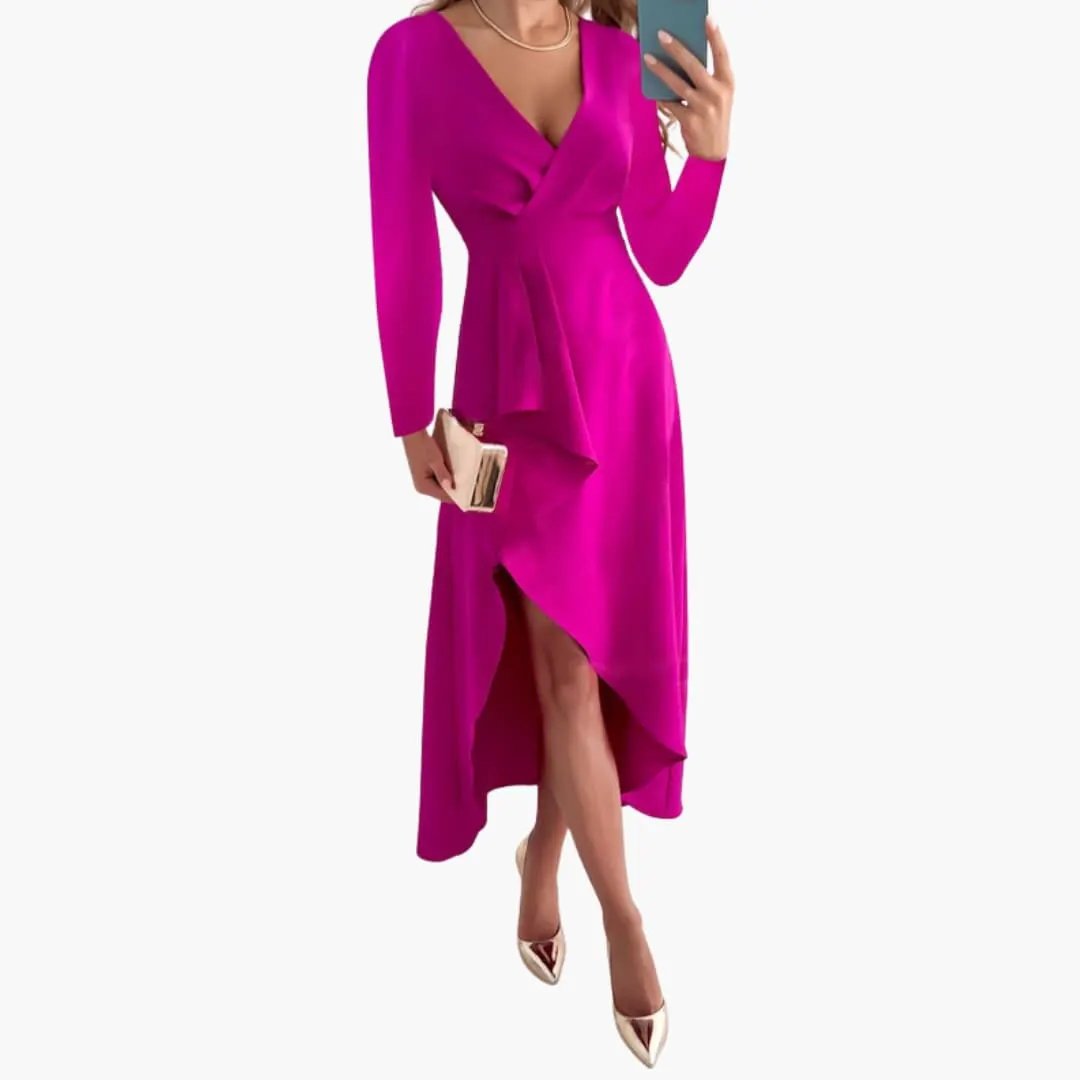 Women’s Asymmetrical V-Neck Knit Dress in magenta with wrap skirt and long sleeves
