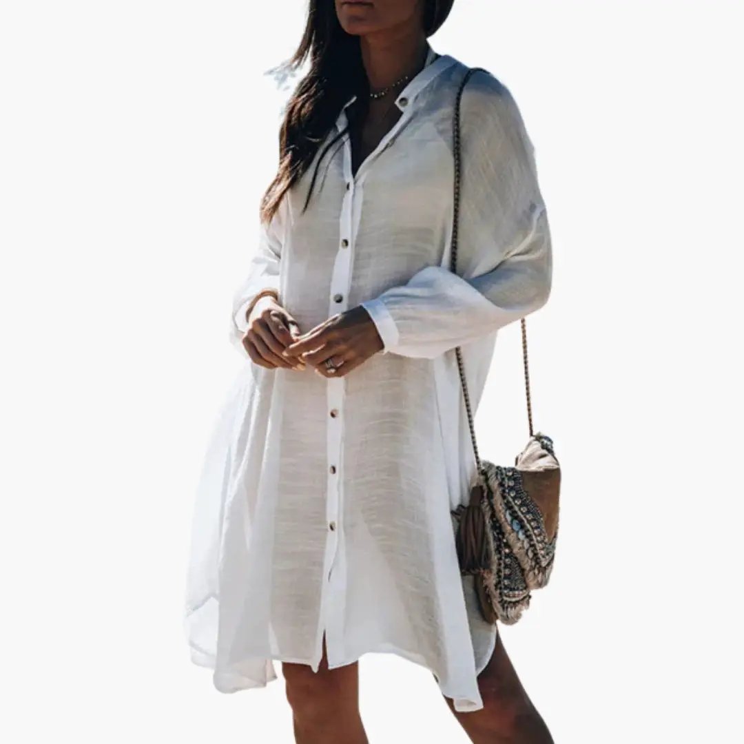 Women’s Beach Cover Up white button-down V-neck with short sleeves
