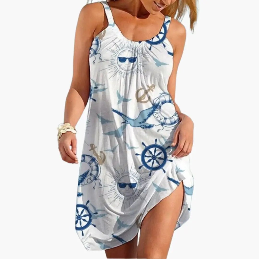 Wilfred Smith Women's Beach Dress, sleeveless knee-length with nautical sun-and-wheel print