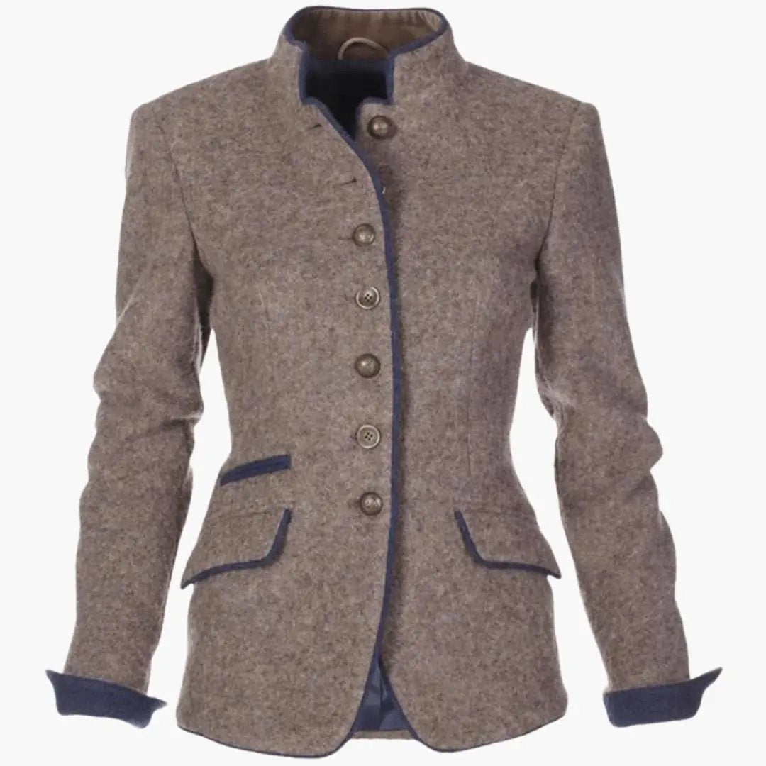 Women’s blazer with lapel collar and button closure, brown tweed with navy trim.