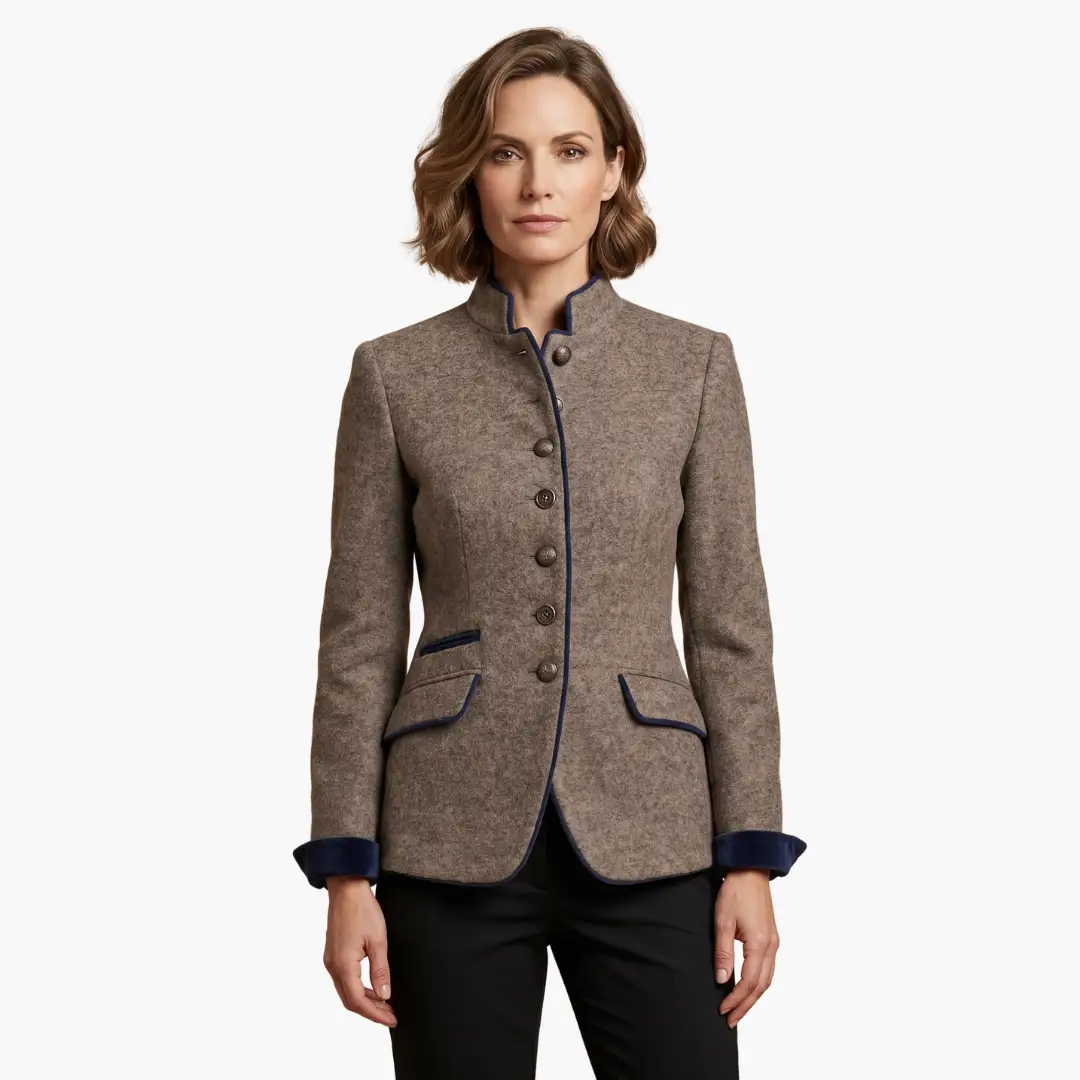 Women’s blazer by Wilfred Smith with lapel collar and button closure in taupe textured fabric, navy piping