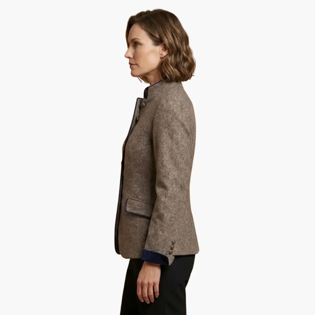 Women’s blazer by Wilfred Smith; brown tweed fabric, lapel collar, button closure, navy pocket trim