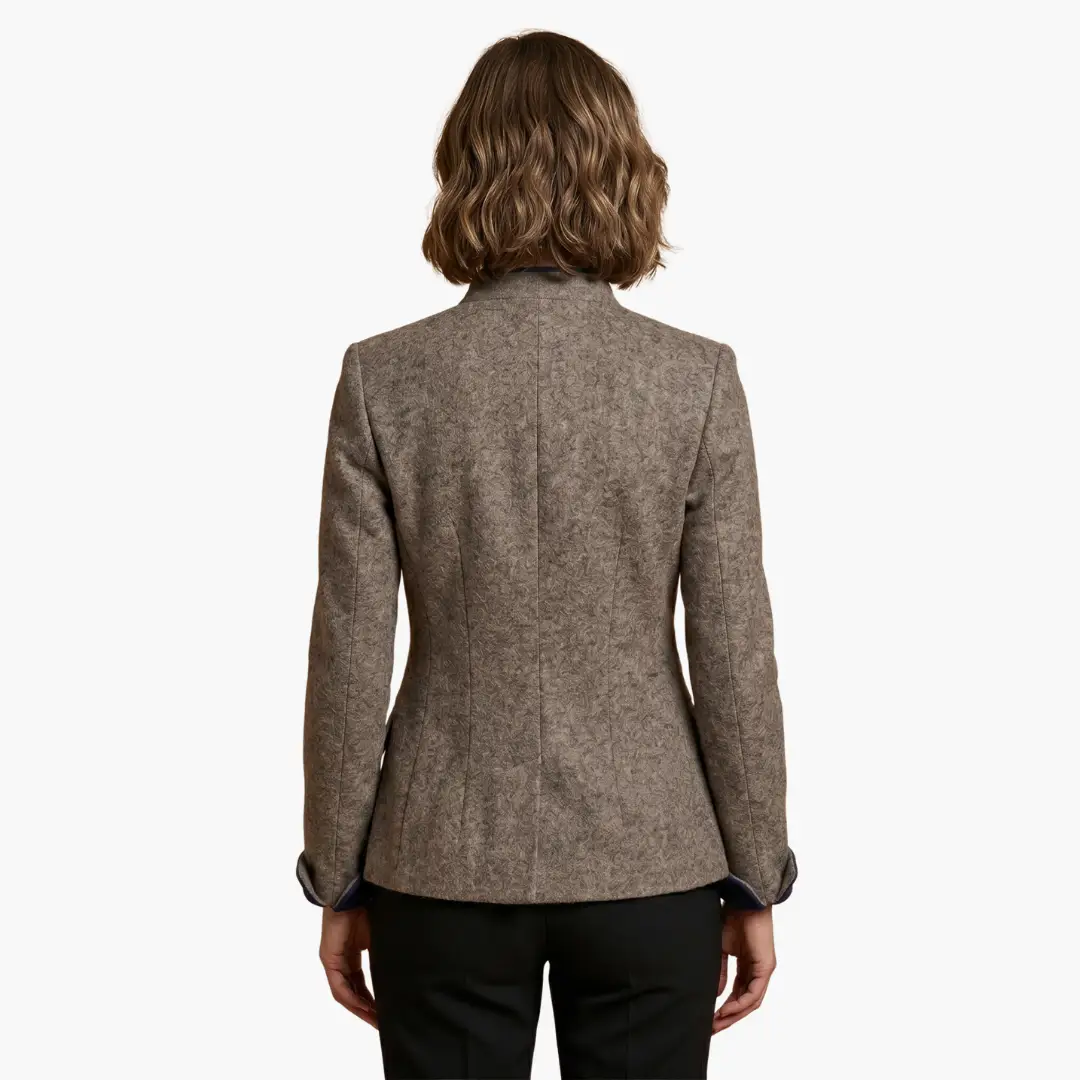 Women's blazer with lapel collar in brown tweed fabric, back view