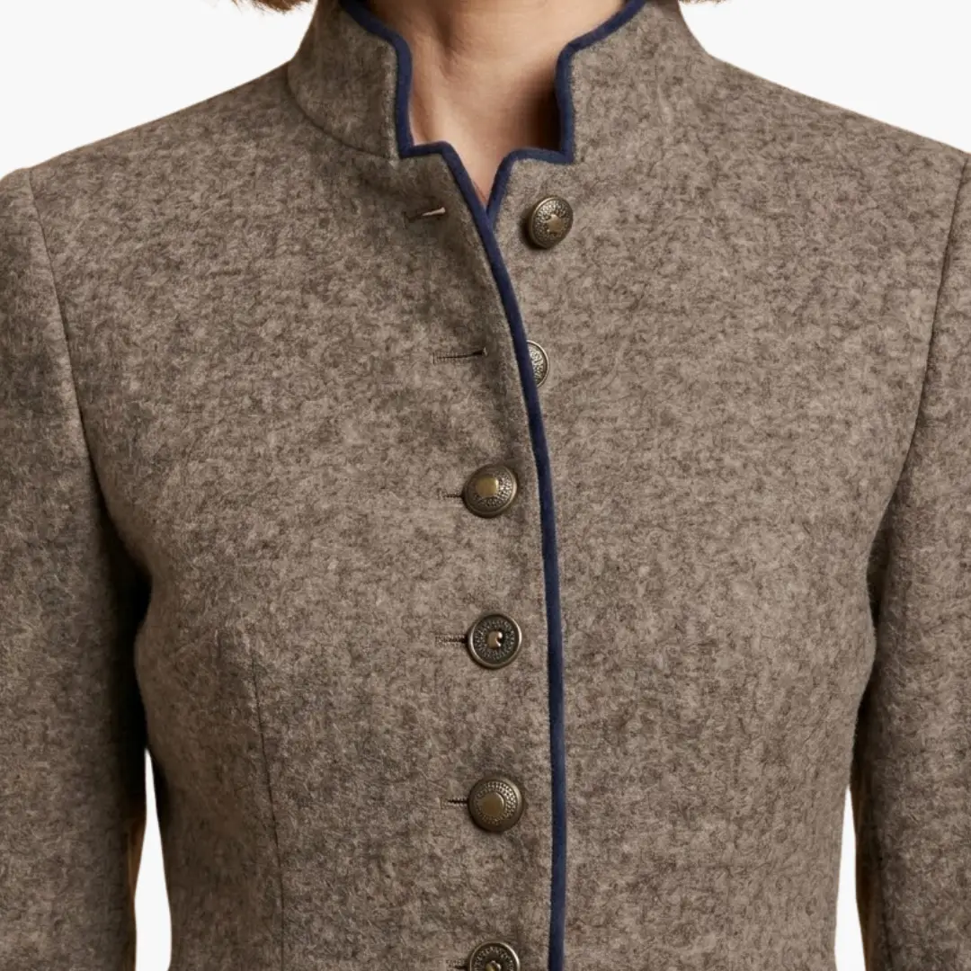 Women’s blazer with lapel collar and button closure in taupe textured fabric